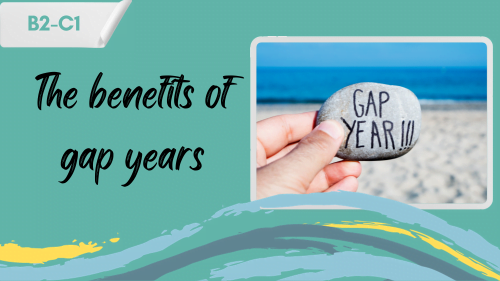 a person at the beach holding a stone with "gapyear "written on it and a slogan - the benefits of gap years
