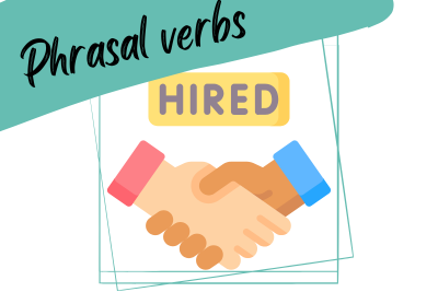 phrasal verbs: staring a new job an illustration of hsaking hands over a new job and a slogan "phrasal verbs"