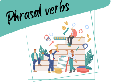 a team working towards success, and the words "phrasal verbs"