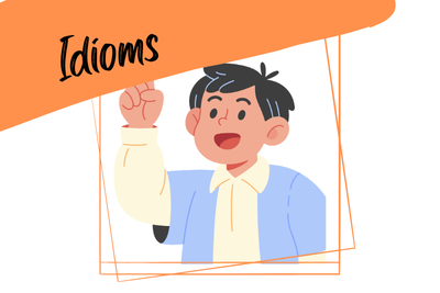 idioms: suggestions and offers a person raising their hand to make a suggestion, and a slogan "idioms"