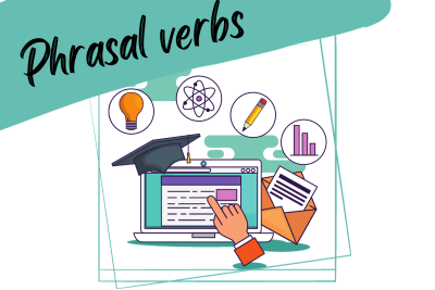 a laptop and different uses (for learning, searching for informatino, writing), and the words "phrasal verbs·"