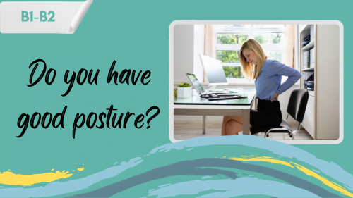 Woman with back pain Working on Laptop, and a slogan - do you have good posture