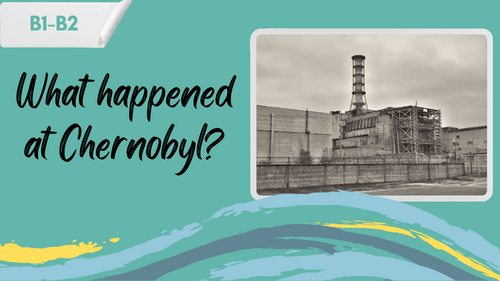 the chernobyl power plant and a slogan "what happened at chernobyl?"