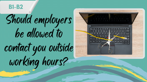 a laptop with cut cable and a slogan "should employers be allowed to contact you outside working hours?"