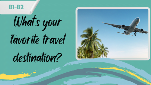 a plave taking off and a slogan - what's your favorite travel destination?