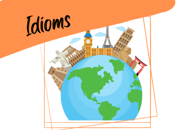 the globe with famous monuments (The Eiffel tower, Big Ben, The leaning tower in Pisa), and the word "idioms"