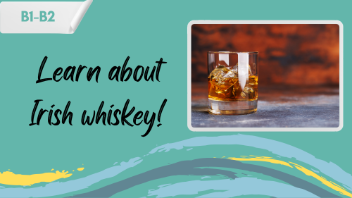 a photo of a glass ful of whiskey, and a slogan "Learn about Irish whiskey"